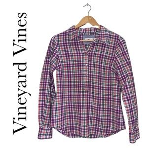 VINEYARD VINES Plaid Quarter-Button Popover Top Tab Sleeves Linen Purple Wmn 6